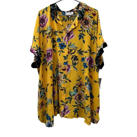 VIP by Avenue Yellow Multicolor Floral Short Sleeve Button Down Shirt Sz 30/32 - Picture 1 of 8